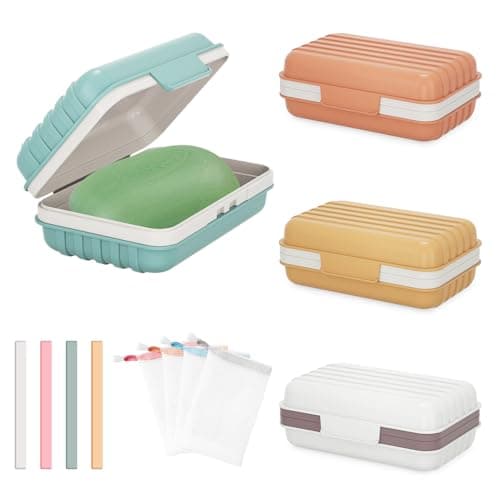 4 Pcs Travel Soap Box Holder Case with Lid, Portable Colorful Soap Dishes Container with Silicone Band Soap Saver Bag, Large Rectangular Leak Proof Soap Dishes for Shower Gym Bathroom