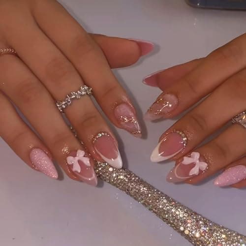 24Pcs White French Tip Press on Nails Short Almond Valentines Day Fake Nails Glitter Stick on Nails 3D Bow Rhinestones Design Nude Nail Tips Full Cover Acrylic Valentine Decor False Nail for Women