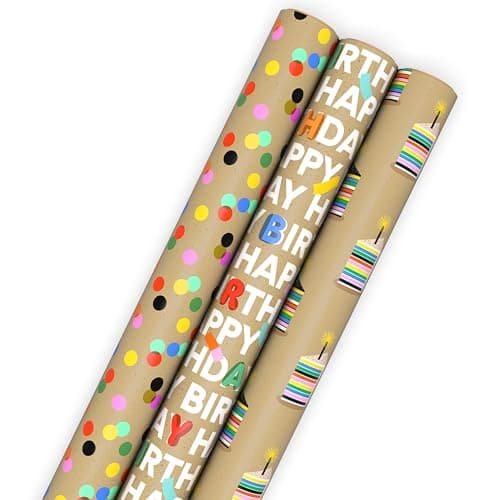 Hallmark Kraft Birthday Wrapping Paper Rolls (3 Rolls: 60 Sq. Ft. Total) Colorful Polka Dots, Happy Birthday Lettering and Cake Slices for Kids, Teens, Friends, Family