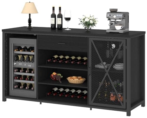 LVB Long Coffee Bar Cabinet with Fridge Space, Modern Wood Metal Large Wine Liquor Cabinet with Rack, Big Wide Sideboard Buffet Cabinet with Drawer Storage for Kitchen Dining Room, Black Oak, 70 Inch