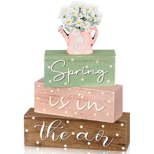 Yalikop 4 Pcs Spring Daisy Table Decorations Spring Tiered Tray Decor Daisy Wooden Block Sign Farmhouse Rustic Table Decor Centerpiece for Party Desk Home