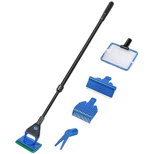 AQUANEAT Aquarium Cleaning Tools, Fish Tank Cleaner Kit with Adjustable Long Handle, 5 in 1 Set Including Fish Net, Algae Scraper