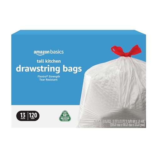 Amazon Basics Flextra Tall Kitchen Drawstring Trash Bags,10% Post Consumer Recycled Content, 13 Gallon, 120 Count, Pack of 1