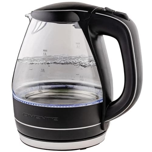 OVENTE Electric Kettle, 1.5L Borosilicate Glass Countertop Water Heater and Boiler for Coffee or Tea, BPA-Free, Auto Shut-Off, Boil-Dry Protection, Removable and Washable Spout Filter, Black KG83B