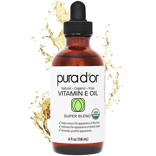 PURA D'OR 4 Oz Organic Vitamin E Oil – USDA Certified Face, Body, Hair & Bath Oil with Argan, Jojoba, Rosehip, Apricot, Almond & Avocado – Lightweight Moisturizing Blend for Soft, Smooth Skin