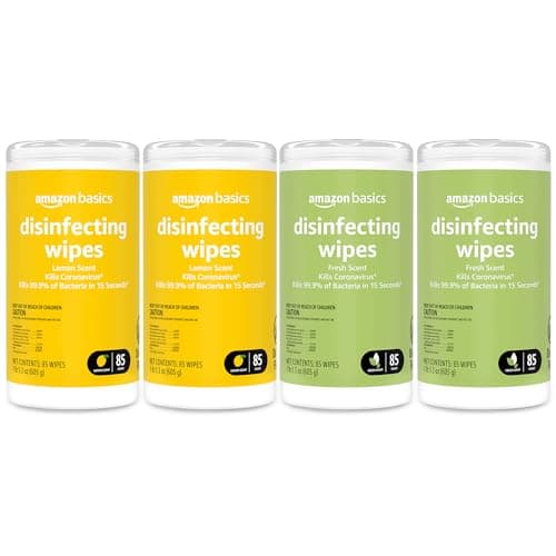 Amazon Basics Disinfecting Wipes, Lemon & Fresh Scent, Sanitizes/Cleans/Disinfects/Deodorizes, 340 Count (4 Packs of 85)