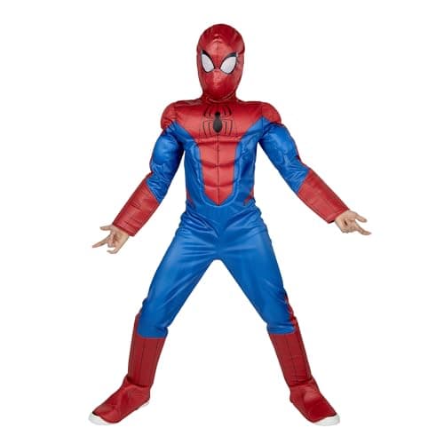 Marvel Spider-Man Official Youth Halloween Costume - Premium Quality Padded Jumpsuit with Pull On Fabric Mask (S) Red