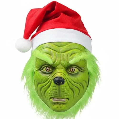 casapre GreenMonster Mask with Santa Hat, Green Christmas Character Costume Accessory for Adults (Green Face Mask)