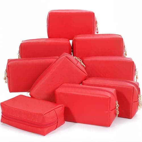 Sanwuta 9 Pcs Makeup Bags Bulk PU Double Zippers Cosmetic Bag Makeup Toiletry Christmas Small Pouch Portable Travel Organizers Case for Women Bridesmaid Party End of The Year(Red)