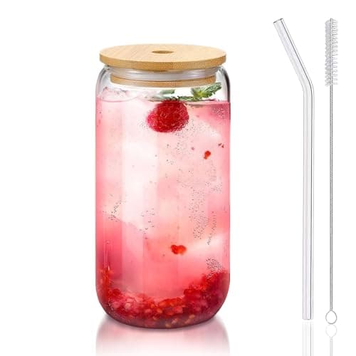 DAMCONME Glass Cups with Lids and Straws 1Pack,Glass Coffee Cups,Glass Cup with Lid for Iced Coffee,Smoothie,Cocktail,Beer,Whiskey,Soda,Matcha,16 Oz Glass Cup with Bamboo Lid,1 Brush