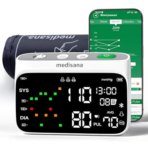 Medisana Cordless Arm Blood Pressure Monitor, Bluetooth Smart Blood Pressure Monitors for Home Use with App Tracking, Blood Pressure Machine with LED Color Dual-Display, Extra-Large Adult Cuff
