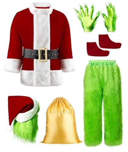 Asvsua Green Santa Costumes Deluxe Furry Santa Claus Costume for Men 8Pcs Christmas Halloween Costumes Adult Green Santa Outfit(Large)