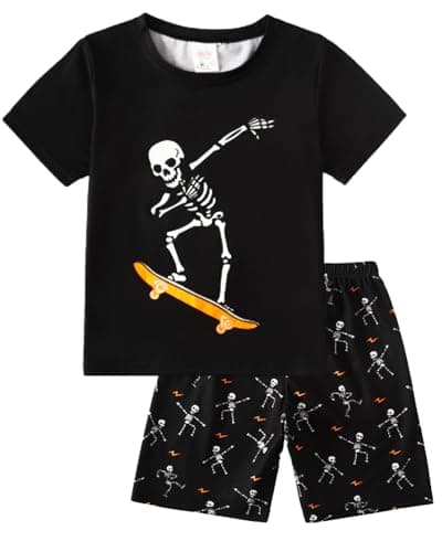 MyFav Big Boys Glow in Dark Skull Pjs Sleepwear Summer Pajama Shorts Sets, Skateboard, 8 Years