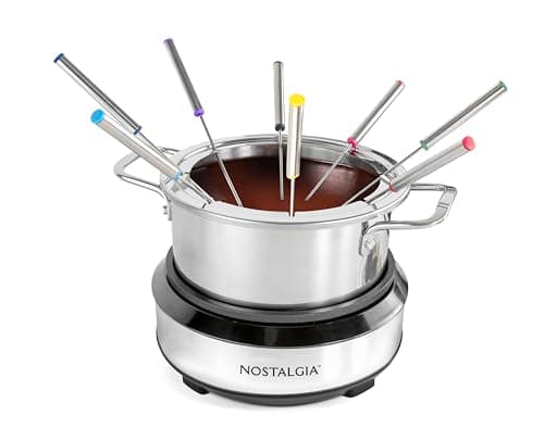 Nostalgia 8-Cup Electric Fondue Pot Set for Cheese & Chocolate - 8 Color-Coded Forks, Temperature Control - Kitchen Gadgets and Appliances for Hors d'Oeuvres and More - Stainless Steel