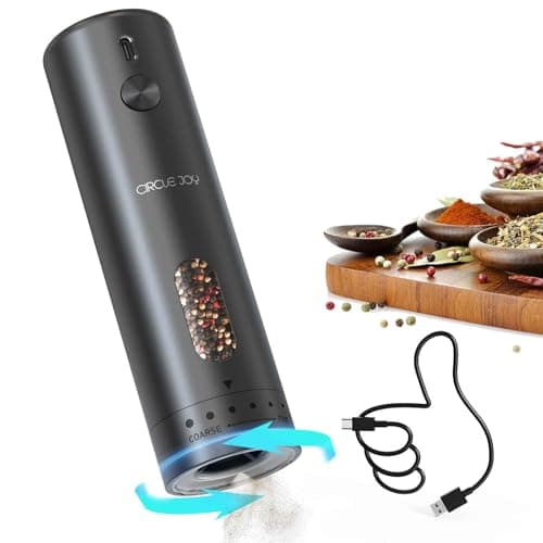 CIRCLE JOY Electric Pepper Grinder Rechargeable, Automatic Pepper Mill with 110ml Container, External Adjustable Coarseness, White Led Light and One-Handed Operation, Black
