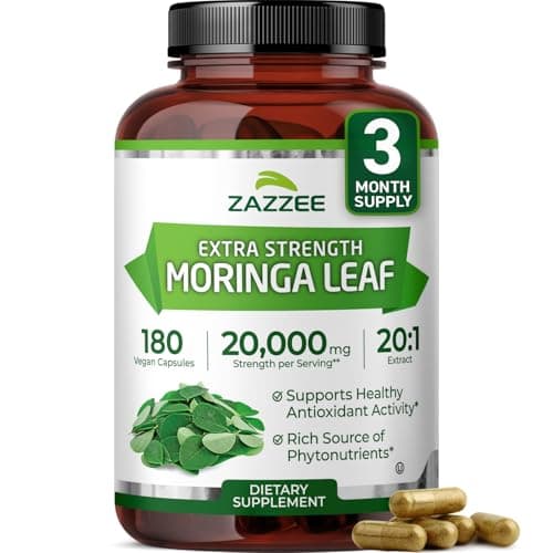 Zazzee Organic Moringa 20:1 Extract, 20,000 mg Strength, 180 Vegan Capsules, 100% Pure Oleifera Leaf Superfood, Concentrated and Standardized 20X Extract, All-Natural, Non-GMO, Made in The USA