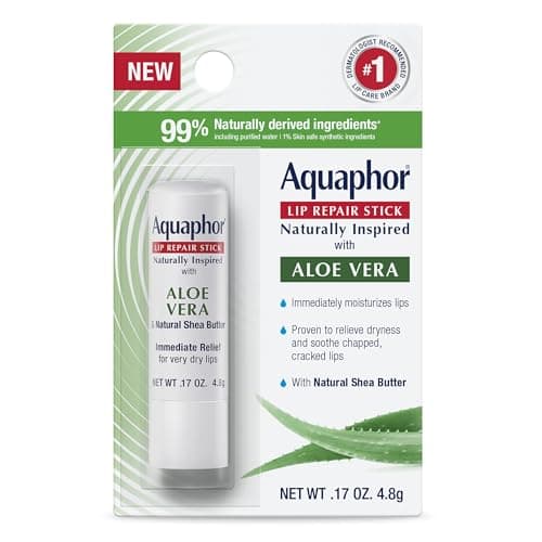Aquaphor Naturally Inspired Lip Repair Stick with Aloe Vera and Natural Shea Butter, Hydrating Lip Balm Immediately Relieves Dryness, 0.17 Oz Stick