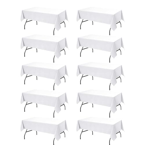 Dailyset 10-Pack White Tablecloths for Rectangle Tables, 60 x 102 Inches, Stain-Resistant Polyester Fabric for 6 Foot Tables - Washable Table Covers for Weddings, Banquets, Birthday, Parties, Events