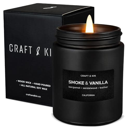 Craft & Kin Premium Smoke & Vanilla Candle | Black Scented Candles for Men | Long Lasting with 45 Hour Burn Time, 7.6oz | Made with Soy | Aromatherapy at Home | Gifts for Men