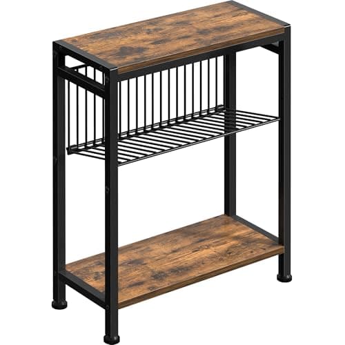 Homedawn Small Side Table for Small Space, 3-Tier Narrow End Table with Magazine Holder,Slim Nightstand, Skinny Snack Couch Table in Living Room, Bedroom Study and Balcony (Rustic Brown &Black)