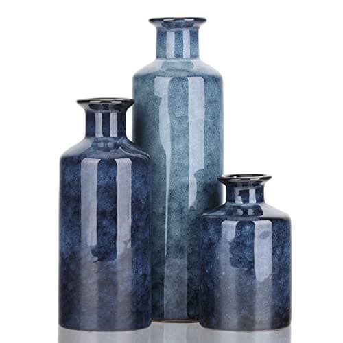 Blue Ceramic Vases Set - 3 Blue Small Vase, Farmhouse Country Blue Vases Home Decor, Living Room Decoration, Table Decoration, Fireplace Decor, and Entrance Decoration Centerpieces