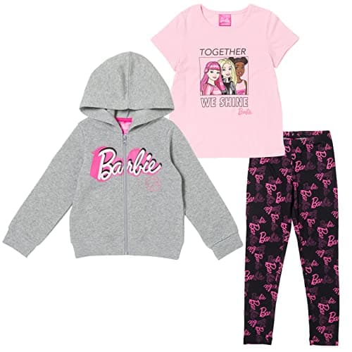 Barbie Little Girls Zip Up Fleece Hoodie Graphic T-Shirt and Leggings 3 Piece Outfit Set Gray 7-8