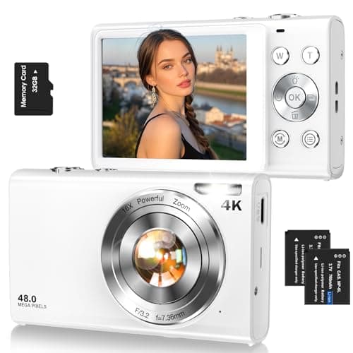Digital Camera,Autofocus 4K Vlogging Camera for Photography with 32GB Card,48MP Portable Compact Point and Shoot Digital Camera for Teens Adult Beginner with 16X Zoom,Anti-Shake,2 Batteries(White)