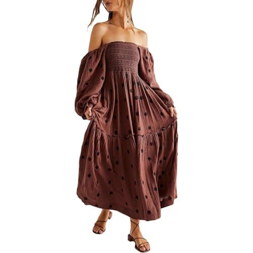 ABYOVRT Women Floral Embroidered Maxi Dress Long Puff Sleeve Square Neck Bohemian Flowy Dress with Pockets Smocked Fall Dress (Dark Brown,S)