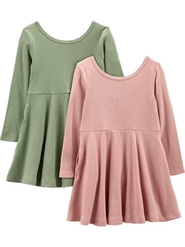Simple Joys by Carter's Girls' 2-Pack Stretch Rib Dresses, Olive/Pink, 2T