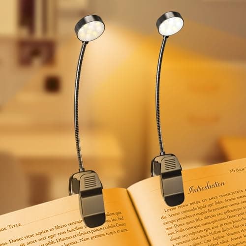 KTEBO 2 Pack 10 LED Rechargeable Book Light for Reading in Bed - Eye Caring 3 Color Temperatures, 3 Adjustable Brightness, Long Runtime Small Lightweight Clip On Book Reading Light for Studying