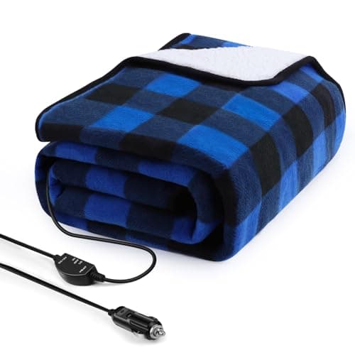 Sino Salected Heated car Blanket - 12 Volt Electric Blanket for car, Portable Heated Blanket for Car, Truck, SUV, RV & Camping, with Upgraded Temperature Controller, 59" x 43"(Blue-Black Plaid