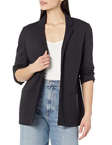 Amazon Essentials Women's Relaxed-Fit Soft Ponte Blazer, Black, Medium