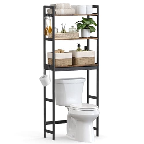 SONGMICS Over-The-Toilet Storage, 3-Tier Bathroom Organizer Over Toilet with Adjustable Shelves, Hooks, Bamboo, Freestanding Space Saver Bathroom Shelves, Rustic Brown and Ink Black UBTS012B01