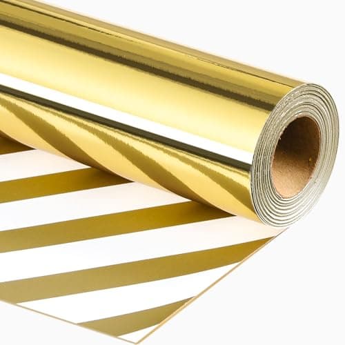 Merture Reversible Gold Wrapping Paper Roll - 17 In X 32.8 Ft(46.5 sq.ft.) Metallic Gold and Stripe Design Gift Wrap for Christmas, Wedding, Birthday, Valentines Day, Mothers Day, Baby Shower