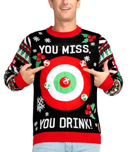 Tipsy Elves Men's Ugly Christmas Sweaters - Funny and Tacky Embellished Christmas Sweaters for Men - Black Drinking Game Interactive Christmas Sweater with Adhesive Ping Pong Balls Size X-Large