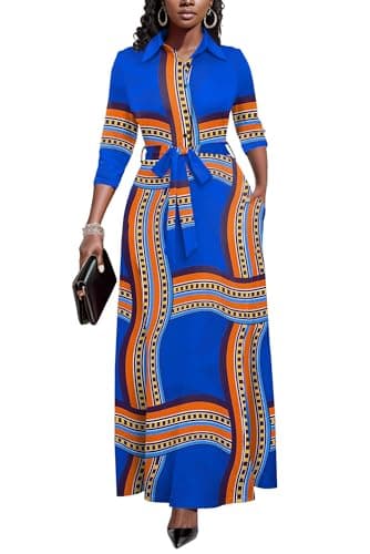 Runwind Women Church Maxi Dresses 3/4 Sleeve Button Down Print Casual Office Dress African Royal Blue Print L