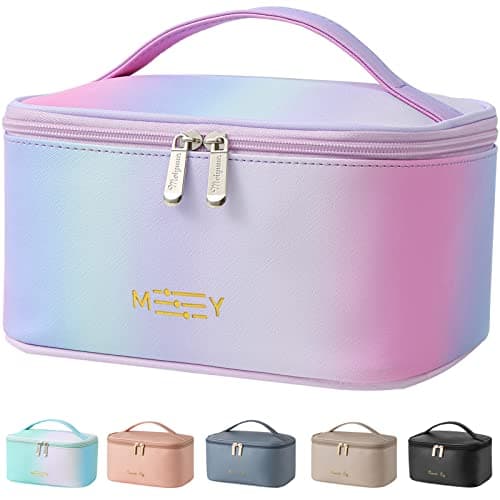 KITENROM Makeup Bag Portable Travel Cosmetic Bag with Brush Holder，Waterproof Make Up Bag For Women with Handle Rainbow Gradient Pink