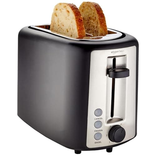 Amazon Basics 2 Slice Extra Wide Slot Toaster with Bagel Function, Removable Crumb Tray, 6 Browning Settings, Frozen Food Setting, Cancel Button, 900W, Black & Silver.