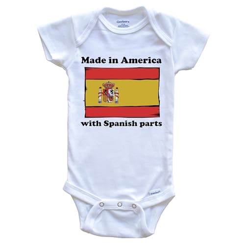 Made in America with Spanish Parts Funny Spain Flag One Piece Baby Bodysuit, 6-9 Months White
