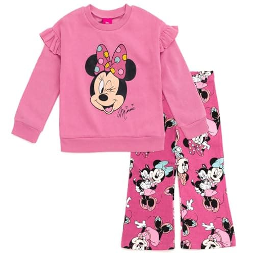 Disney Minnie Mouse Toddler Girls Fleece Sweatshirt and Flare Leggings Outfit Set Dark Pink Minnie Mouse 2T