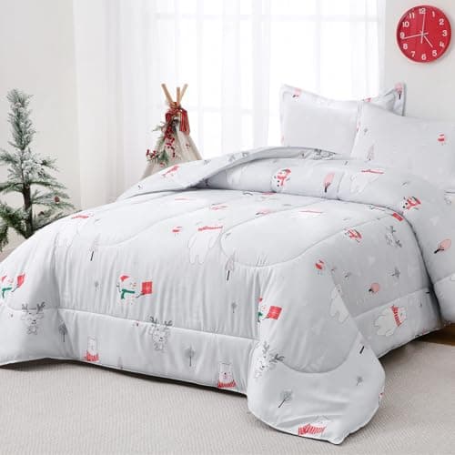 Yibeizi Christmas Comforter Set Twin for Boys Girls, Cute Bear Snowmen Printed Bedding Set with Pillow Sham, Lightweight Soft Breathable Washable Bed Set 3 Piece
