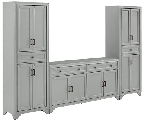 Crosley Furniture Tara 3-Piece Modern Farmhouse Sideboard Buffet Cabinet and Kitchen Storage Pantry Set, Distressed Gray