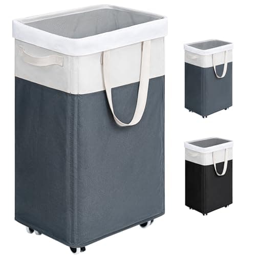 Goodpick Laundry Basket with Wheels, 75L Collapsible Tall Laundry Hamper, Large Laundry Basket with Removable Wash Bag for Corner Dorm, Rolling Slim Laundry Basket on Wheels, Grey&White