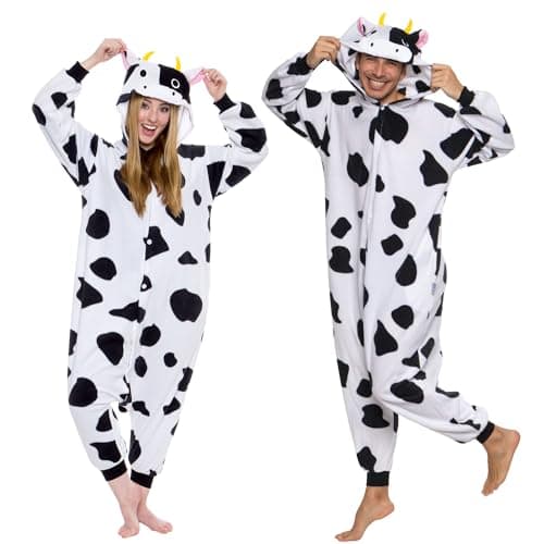 Funziez! Adult Onesie Halloween Costume - Animal and Sea Creature - Plush One Piece Cosplay Suit for Adults, Men and Women Cow