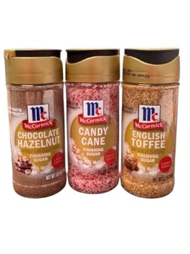 McCormick Holiday Finishing Sugar Variety Pack, Chocolate Hazelnut, Candy Cane, English Toffee Flavors, Limited Edition Dessert Topping, 3 Count