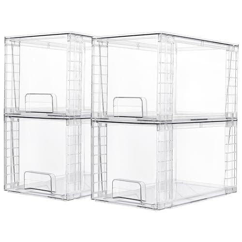 Vtopmart 4 Pack Large Stackable Storage Drawers,Easily Assemble Acrylic Bathroom Closet Undersink Organizers and Storage,Plastic Storage Bins for Kitchen Cabinets,Pantry,Makeup,Medicine Organization