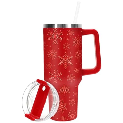 JarThenaAMCS Christmas Tumbler with Lid and Straw 40oz 5D Red Snowflake Tumbler with Handle Xmas Winter Stainless Steel Cup For Home Office Travel