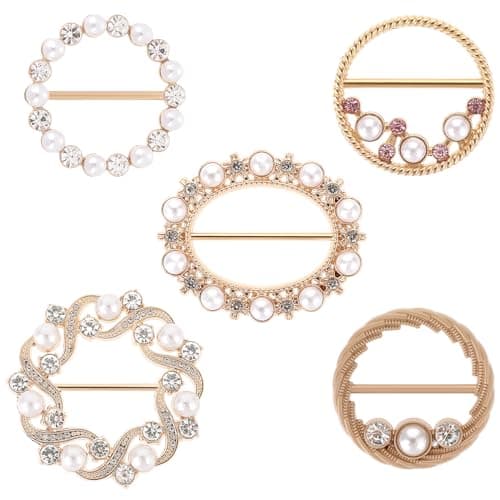 5 PCS Shirt Clips Metal Scarf Ring Clip Shirt Ties Clips for Women Dress Clips for Girls Round T-Shirt Ties Rings Round Corner Knotted Buttons with Rhinestone Pearl Adjustment Buckles for Decoration