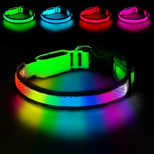 PWOD LED Dog Collar, Light Up Dog Collar USB Rechargeable, Nylon Adjustable Comfortable Soft Bright RGB 7 Colors Changeing Safety Light Glowing Collar for Medium and Large Dogs(Large,Green)