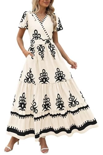 PRETTYGARDEN Womens 2025 Summer Casual V Neck Boho Maxi Dress Flowy Aline Bell Sleeve Tiered Floral Dresses with Pocket (Floral Apricot Black,Medium)